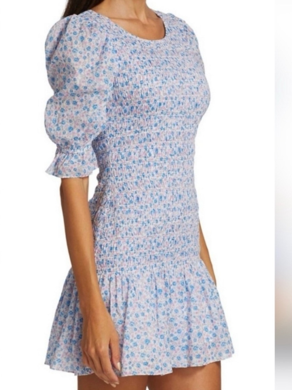 LoveShackFancy Blue Floral Smocked Puff-Sleeve Mini Dress